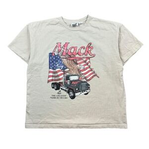 Mack Truck T Shirt Men's Medium Tan Oversized‎ Boxy Fit Graphic Tee USA Flag